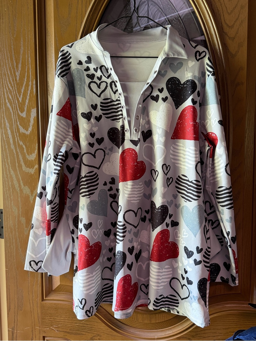 Heart Print Snap Polo Top - Red, Black, Gray Hearts